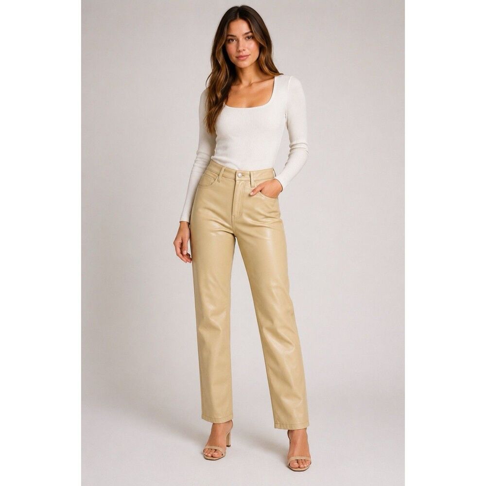 Abercrombie & Fitch Vegan Leather Pants 2 26 High Rise Straight Cream Beige Chic